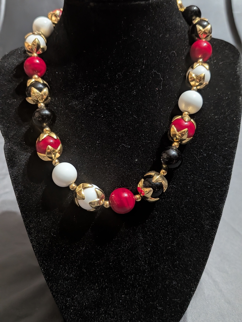 Red, White & Black Beaded Statement Necklace with Golden Accents